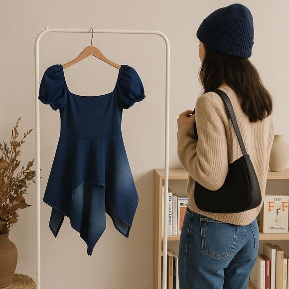 “Chasin Rainbows” Denim Mini Dress–Puff Sleeves Ruched Bodice & Handkerchief Hem - Picture 3 of 4